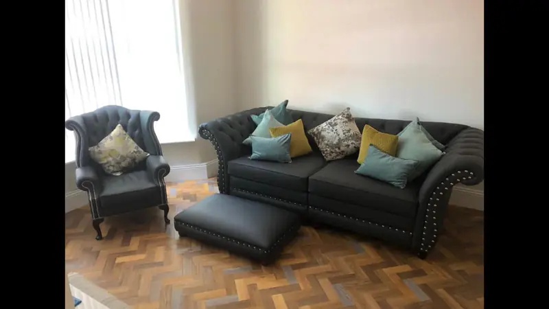 Chesterfield, wing chair and footstool, delivered home