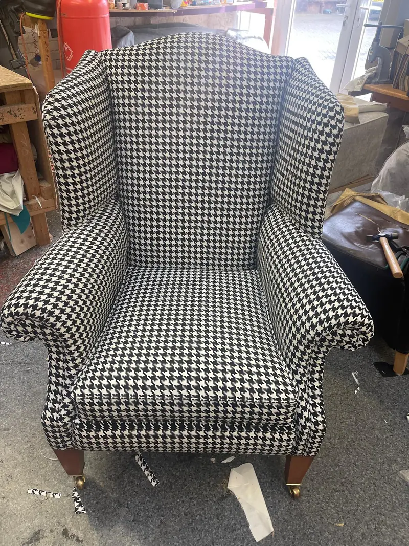 Wing chair in houndstooth